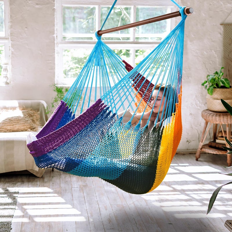 Bathonly Upgraded Caribbean Hammock Chair with Detachable Metal Bar, Large Hammock Swing Chair, XL Rope Hanging Chair for Outdoor Indoor, 330 LBS Weight Capacity, HawaiiRainbow - Image 1